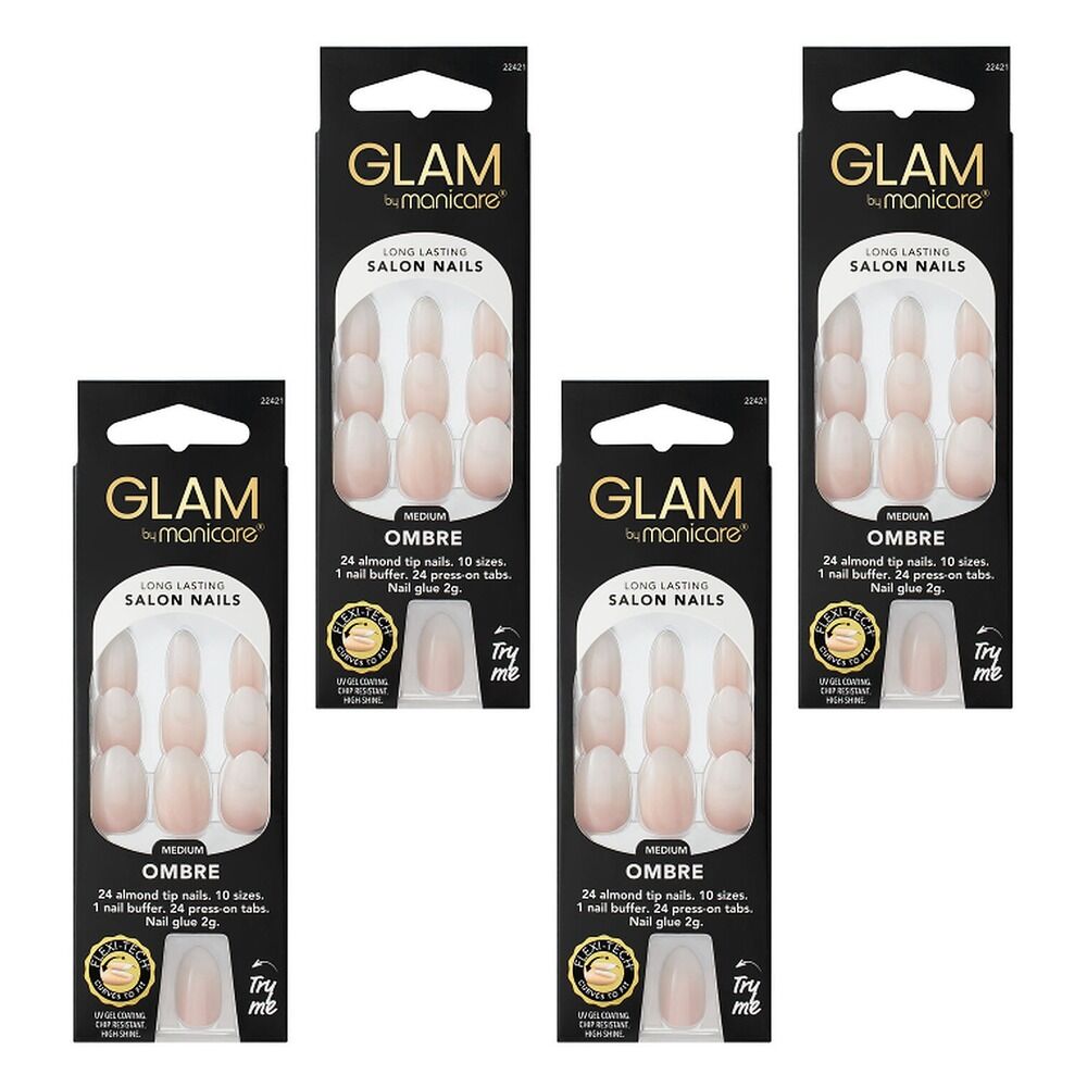 Glam by Manicare Press On Nails Medium Almond Fashion 24 Pack Bundle of 4
