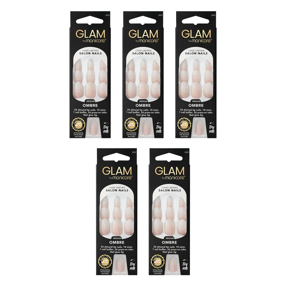 Glam by Manicare Press On Nails Medium Almond Fashion 24 Pack Bundle of 5