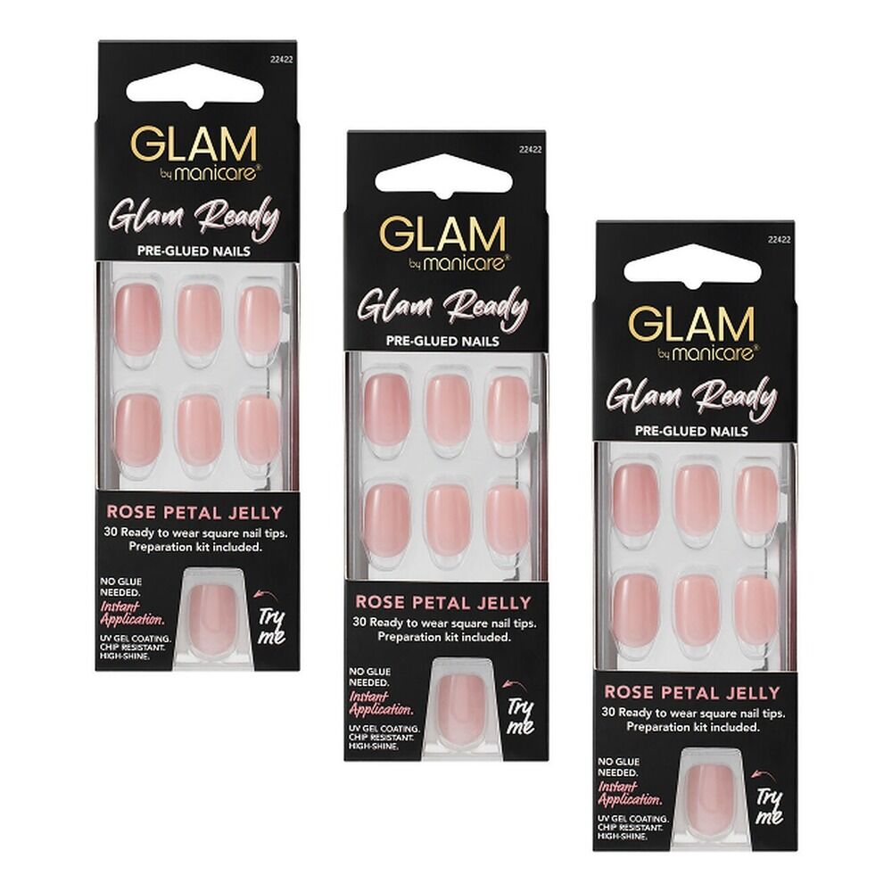 Glam by Manicare Glam Ready Pre-Glued Nails Rose Petal Jelly 30 Pack Bundle of 3