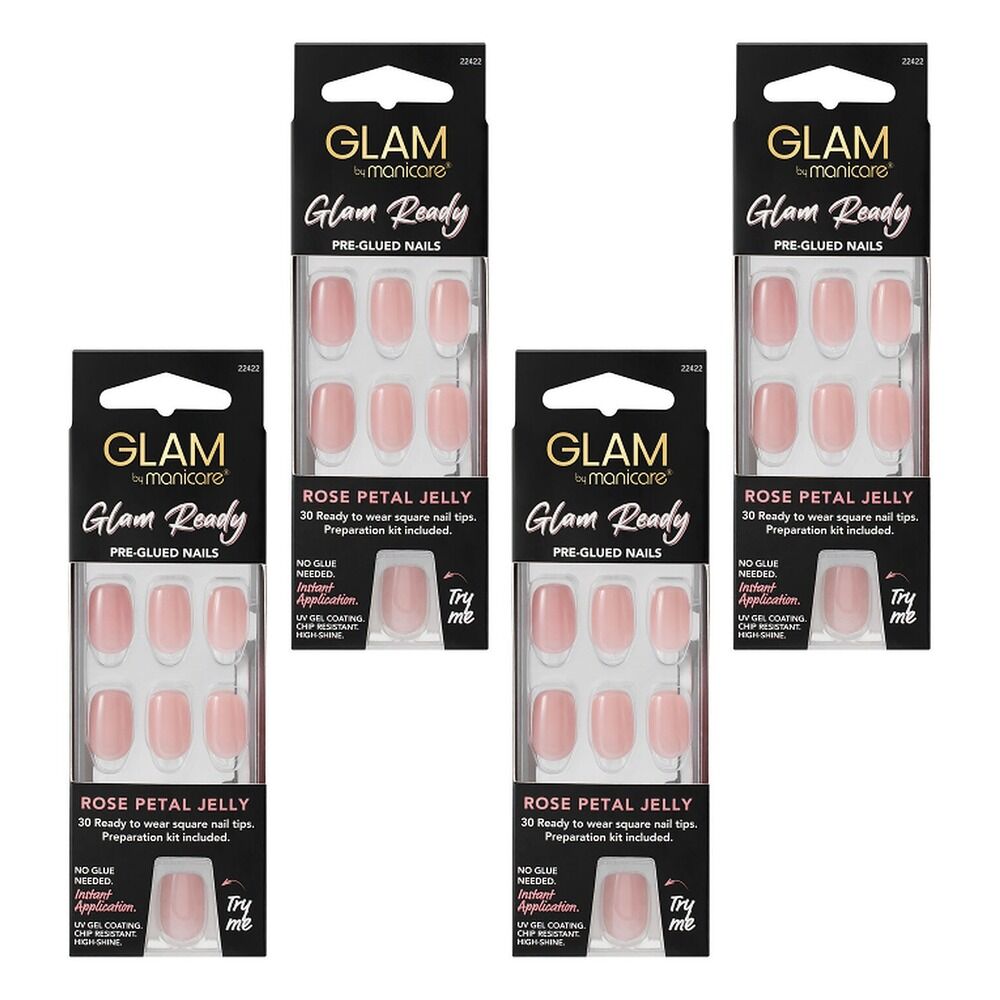 Glam by Manicare Glam Ready Pre-Glued Nails Rose Petal Jelly 30 Pack Bundle of 4