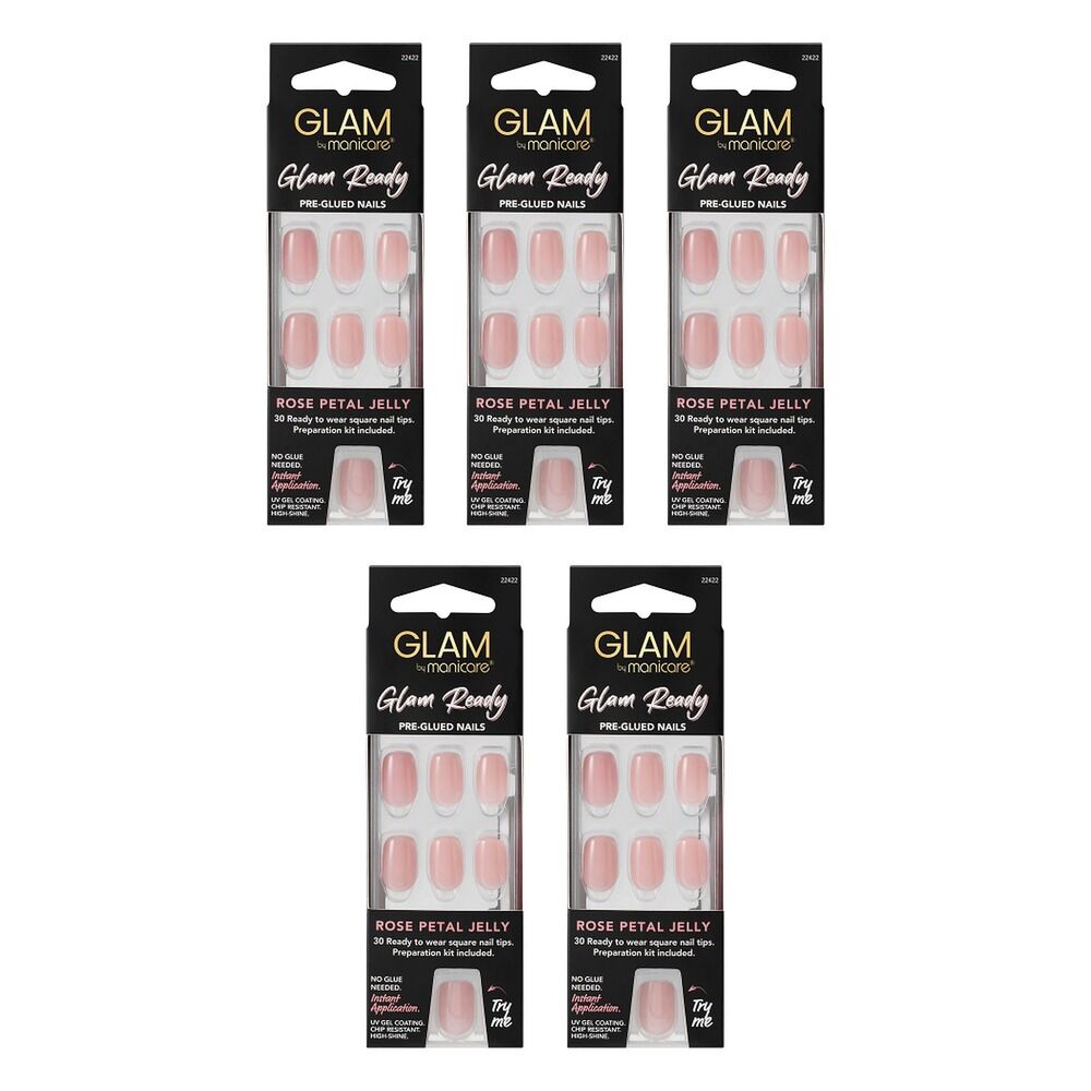 Glam by Manicare Glam Ready Pre-Glued Nails Rose Petal Jelly 30 Pack Bundle of 5