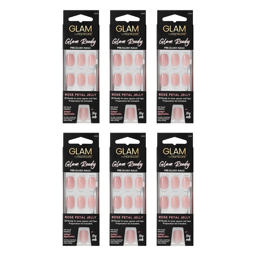 Glam by Manicare Glam Ready Pre-Glued Nails Rose Petal Jelly 30 Pack Bundle of 6