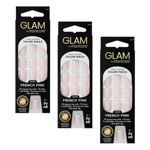 Glam by Manicare Press On Nails Short Square French Pink 24 Pack Bundle of 3