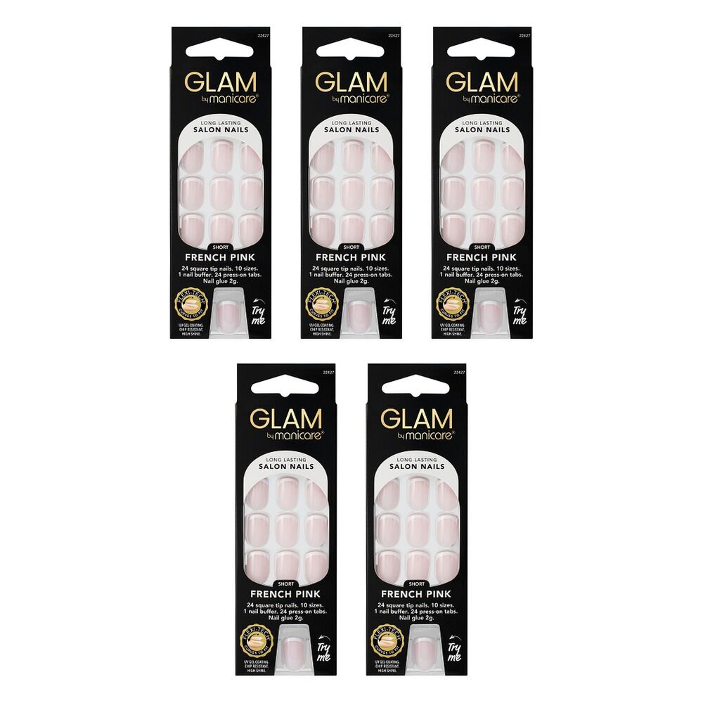 Glam by Manicare Press On Nails Short Square French Pink 24 Pack Bundle of 5