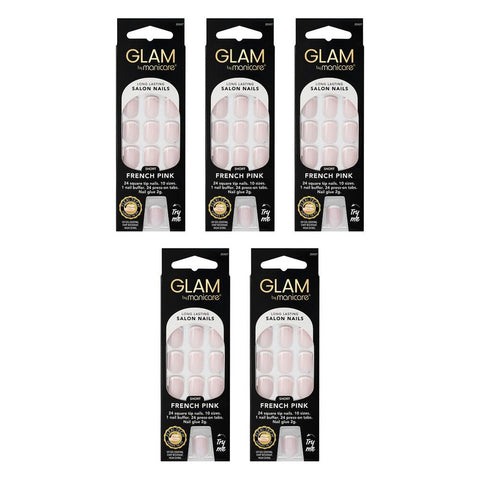 Glam by Manicare Press On Nails Short Square French Pink 24 Pack Bundle of 5