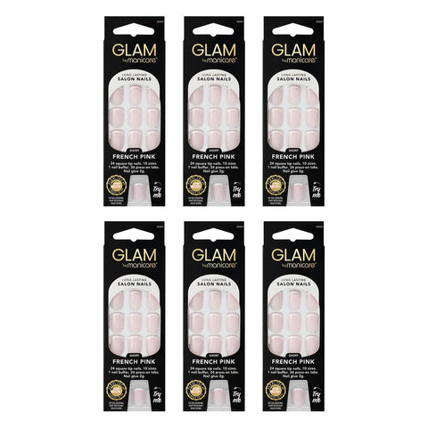 Glam by Manicare Press On Nails Short Square French Pink 24 Pack Bundle of 6