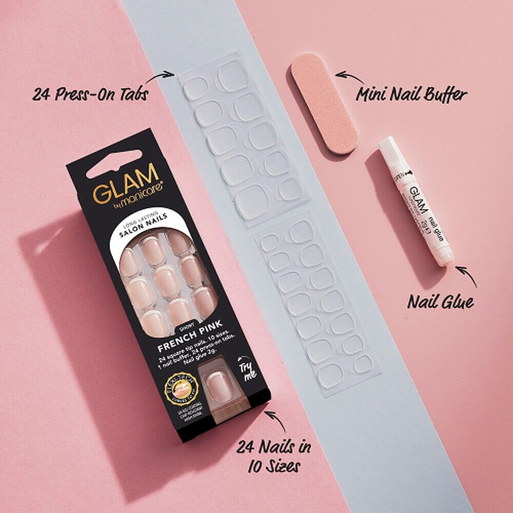 Glam by Manicare Press On Nails Short Square French Pink 24 Pack