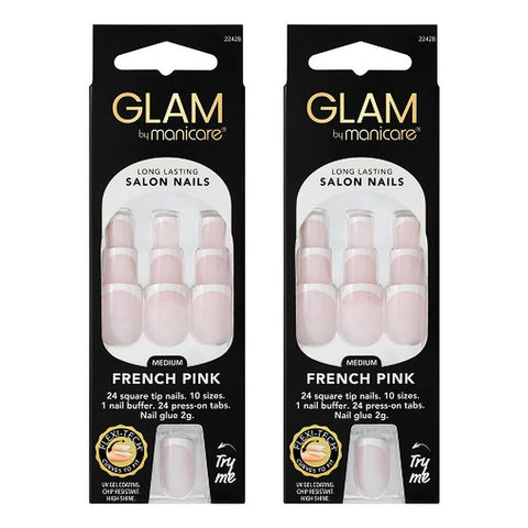 Glam by Manicare Press On Nails Medium Square French Pink 24 Pack Bundle of 2