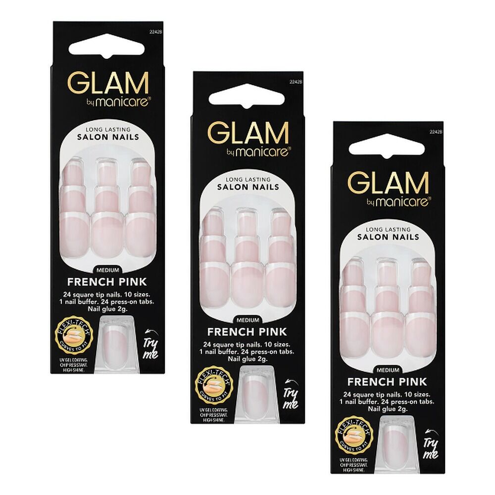 Glam by Manicare Press On Nails Medium Square French Pink 24 Pack Bundle of 3