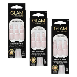 Glam by Manicare Press On Nails Medium Square French Pink 24 Pack Bundle of 3