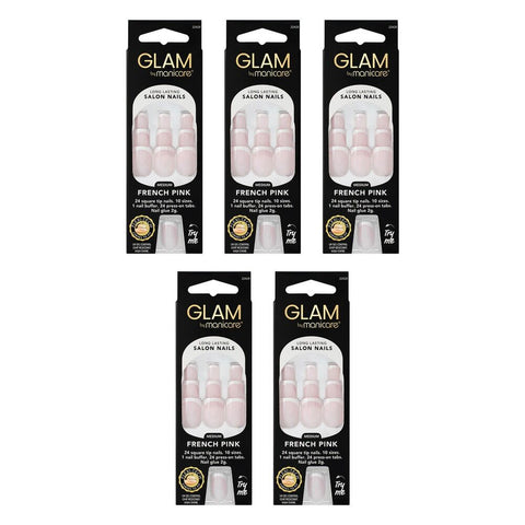 Glam by Manicare Press On Nails Medium Square French Pink 24 Pack Bundle of 5