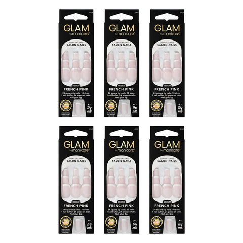 Glam by Manicare Press On Nails Medium Square French Pink 24 Pack Bundle of 6