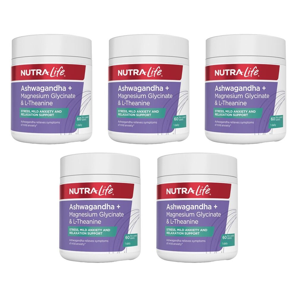 Nutra-Life Ashwagandha + Magnesium Glycinate & L-Theanine 60 Tablets Pack of 5