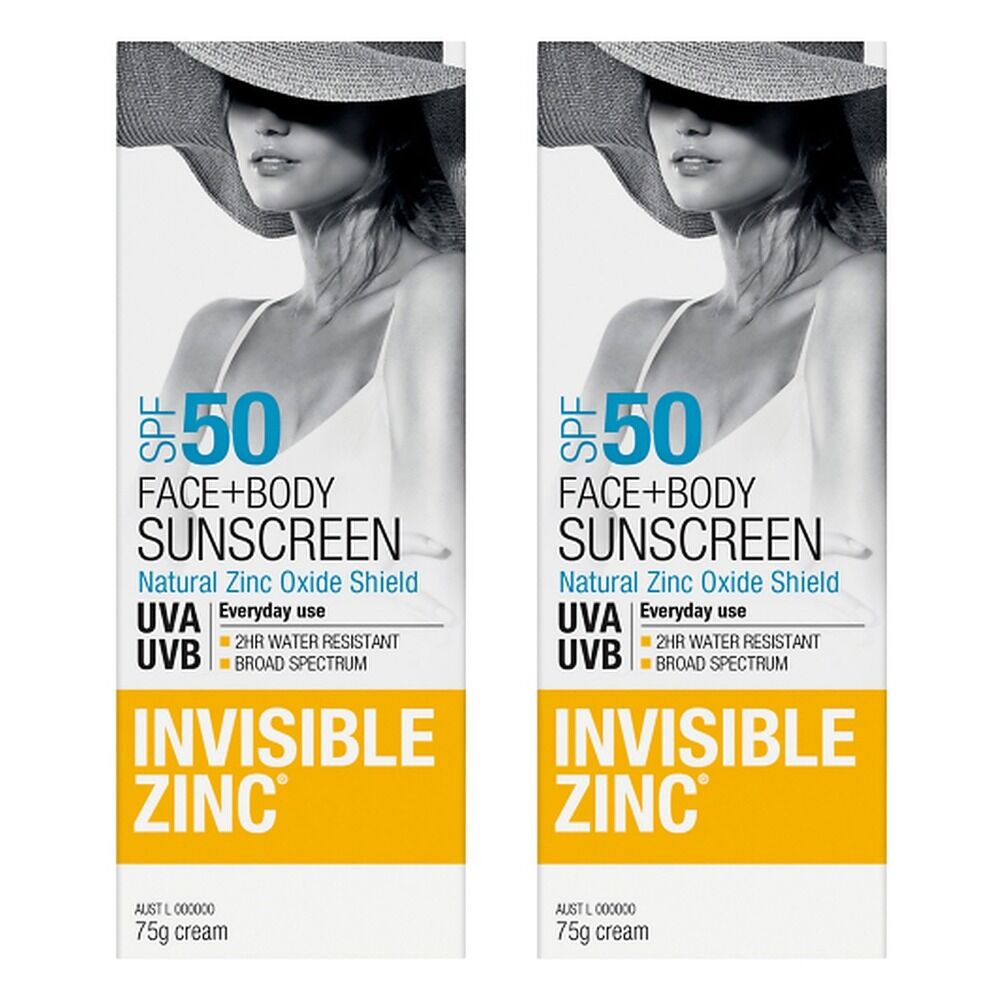 Invisible Zinc Face & Body Sunscreen SPF50 75g Pack of 2