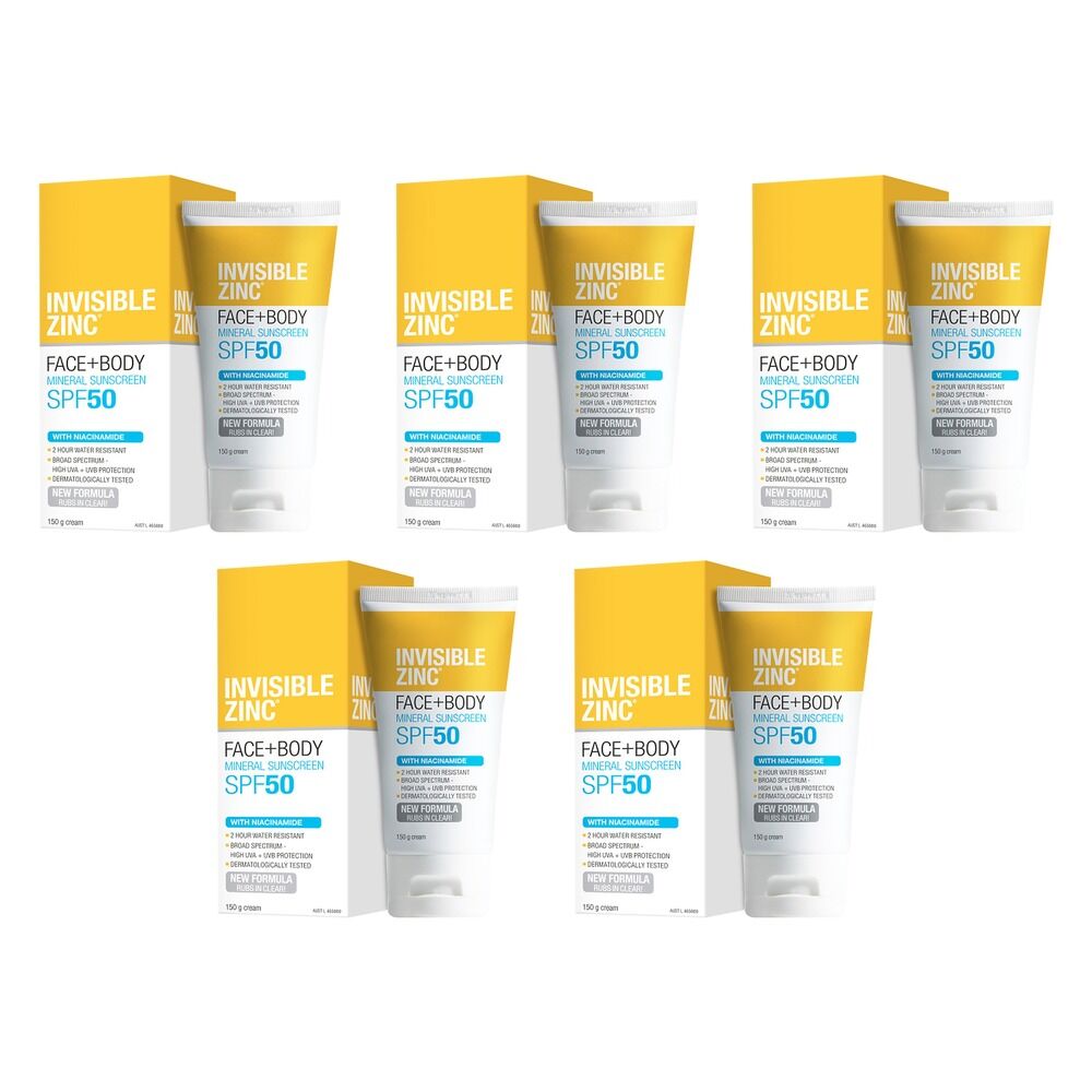 Invisible Zinc Face & Body Sunscreen SPF50 150g Pack of 5
