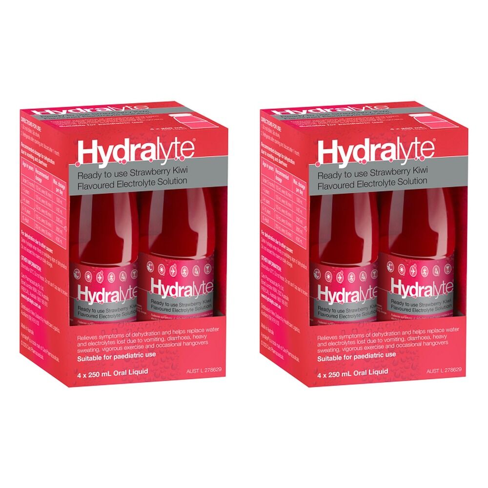 Hydralyte Electrolyte Solution Strawberry Kiwi Flavoured 4 x 250mL Pack of 2