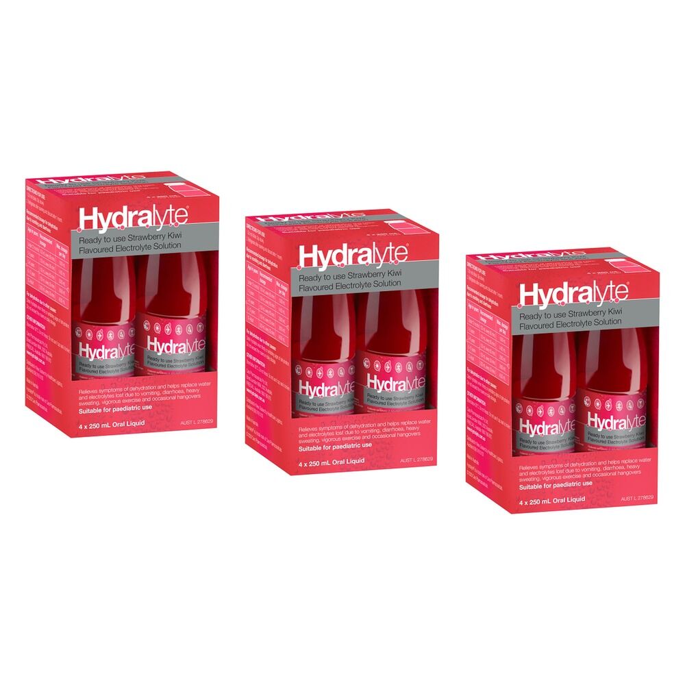 Hydralyte Electrolyte Solution Strawberry Kiwi Flavoured 4 x 250mL Pack of 3