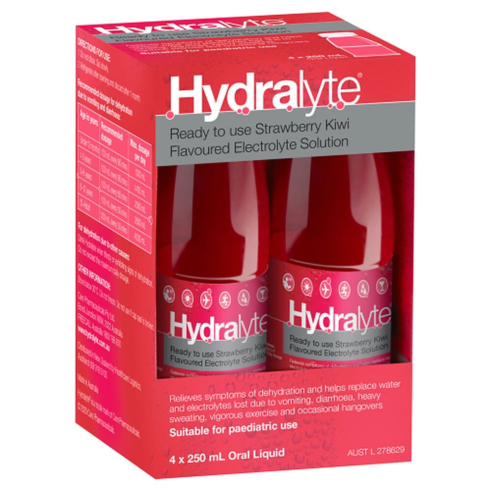 Hydralyte Electrolyte Solution Strawberry Kiwi Flavoured 4 x 250mL