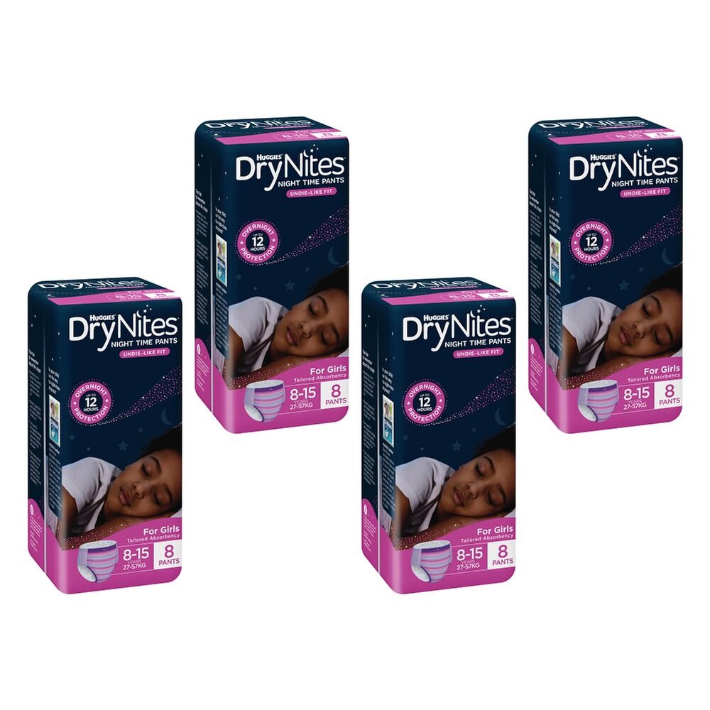 Huggies DryNites Night Time Pants Girls 8-15 Years 8 Pack x 3 Bundle of 4