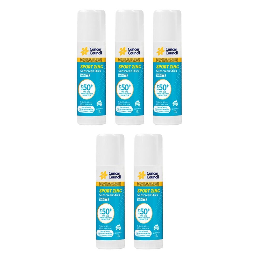 Cancer Council Sport Zinc Sunscreen Stick White SPF 50+ 12g Pack of 5