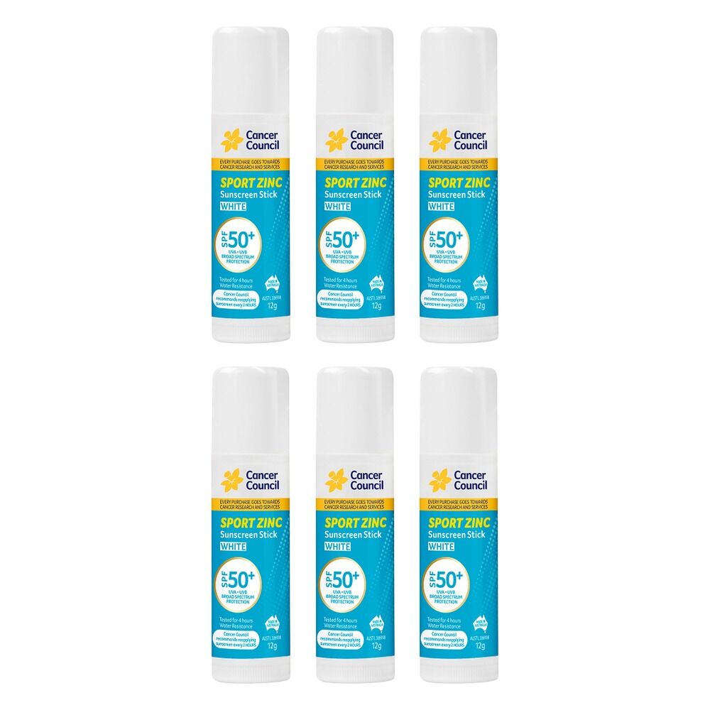 Cancer Council Sport Zinc Sunscreen Stick White SPF 50+ 12g Pack of 6