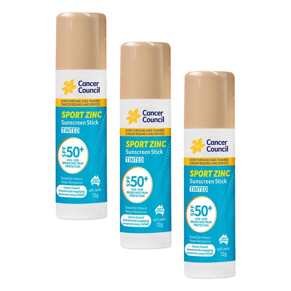 Cancer Council Sport Zinc Sunscreen Stick Tinted SPF 50+ 12g Pack of 3
