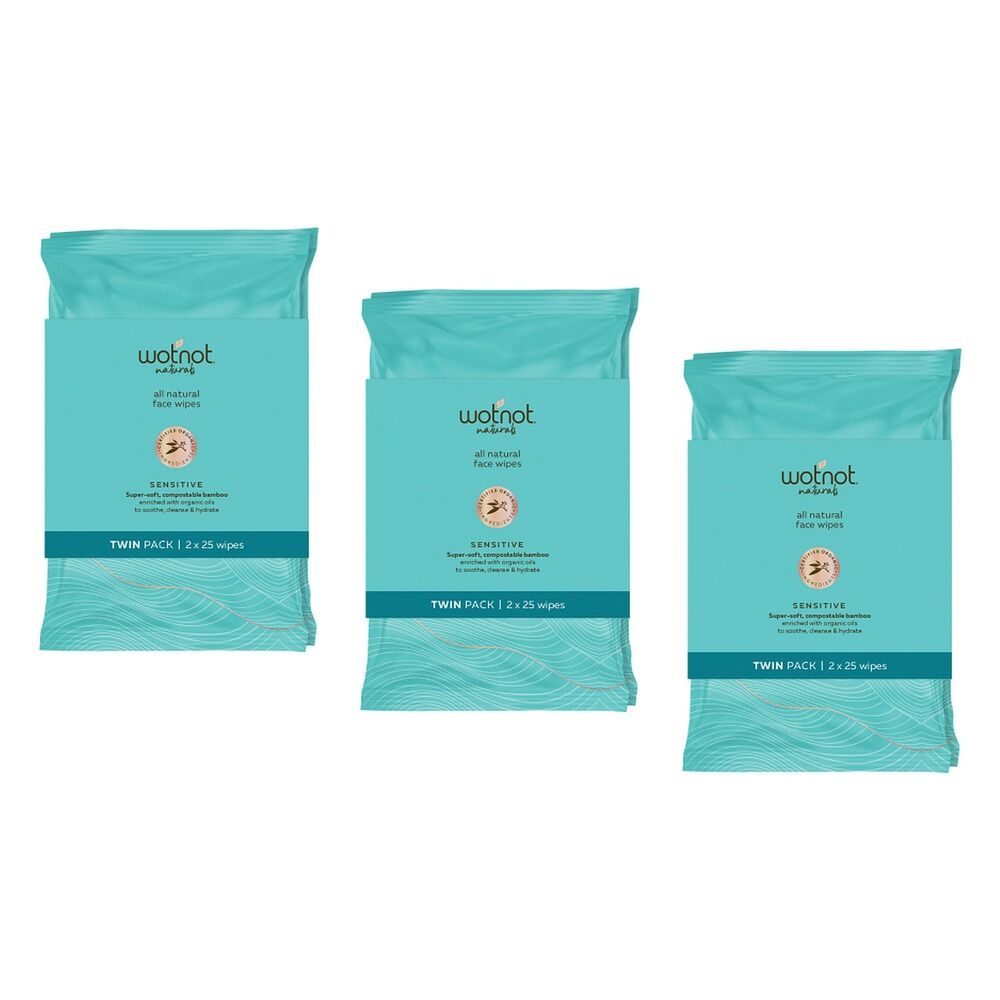 WOTNOT Face Wipes Sensitive Twin 2 x 25 Pack Bundle of 3