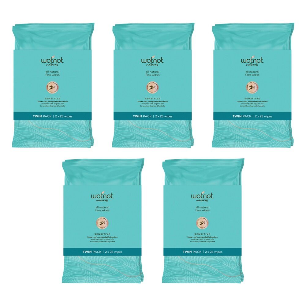 WOTNOT Face Wipes Sensitive Twin 2 x 25 Pack Bundle of 5
