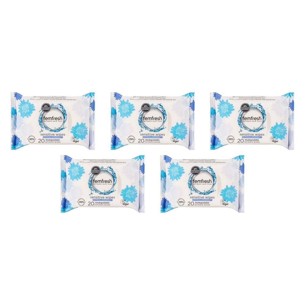 Femfresh Sensitive Intimate Wipes 20 Pack Bundle of 5