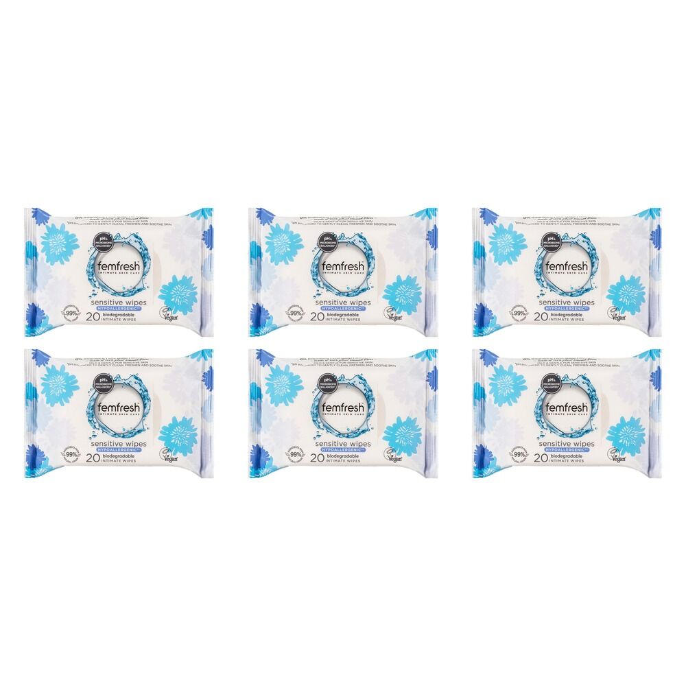 Femfresh Sensitive Intimate Wipes 20 Pack Bundle of 6