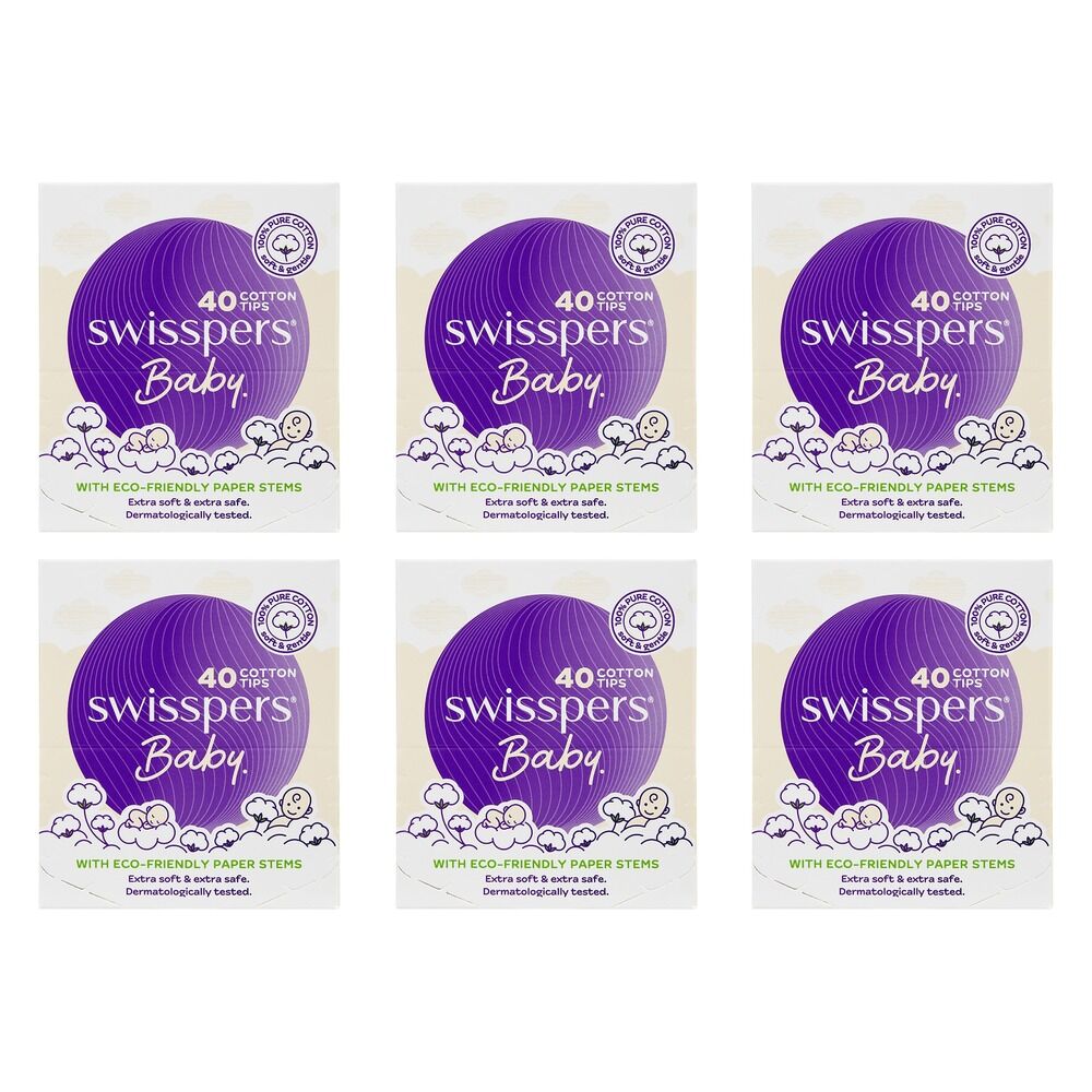 Swisspers Baby Cotton Tips Paper Stems 40 Pack x 12 Bundle of 6