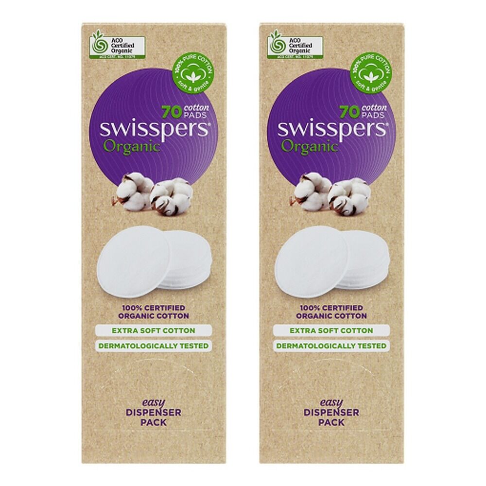 Swisspers Organic Cotton Pads Eco Dispenser 70 Pack Bundle of 2