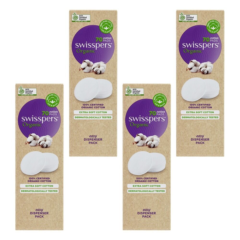 Swisspers Organic Cotton Pads Eco Dispenser 70 Pack x 6 Bundle of 4