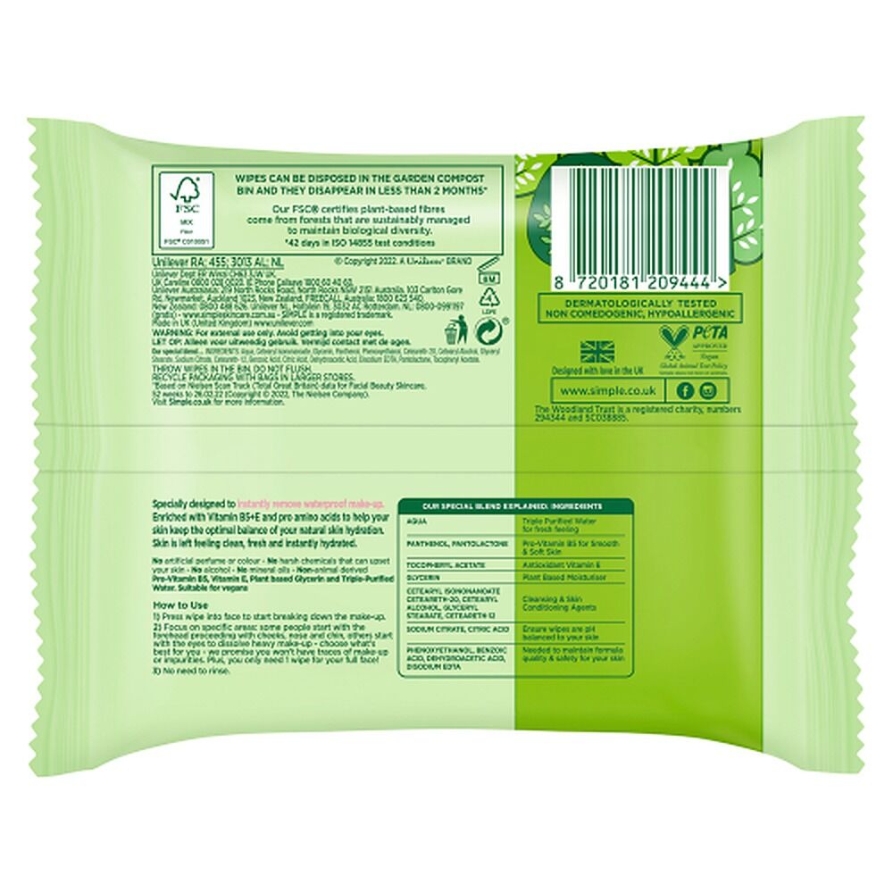 Simple Biodegradable Facial Wipes 25 Wipes x 6