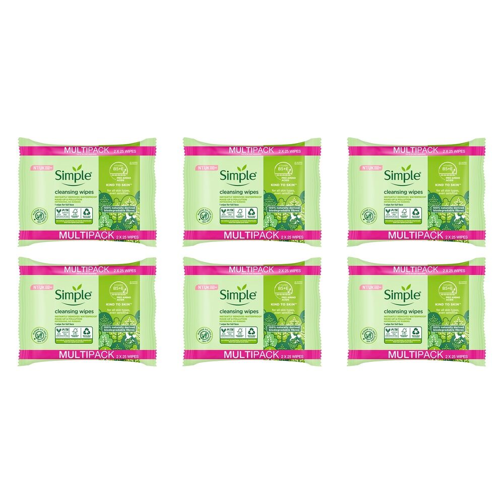 Simple Biodegradable Facial Wipes 2 x 25 Wipes Pack of 6