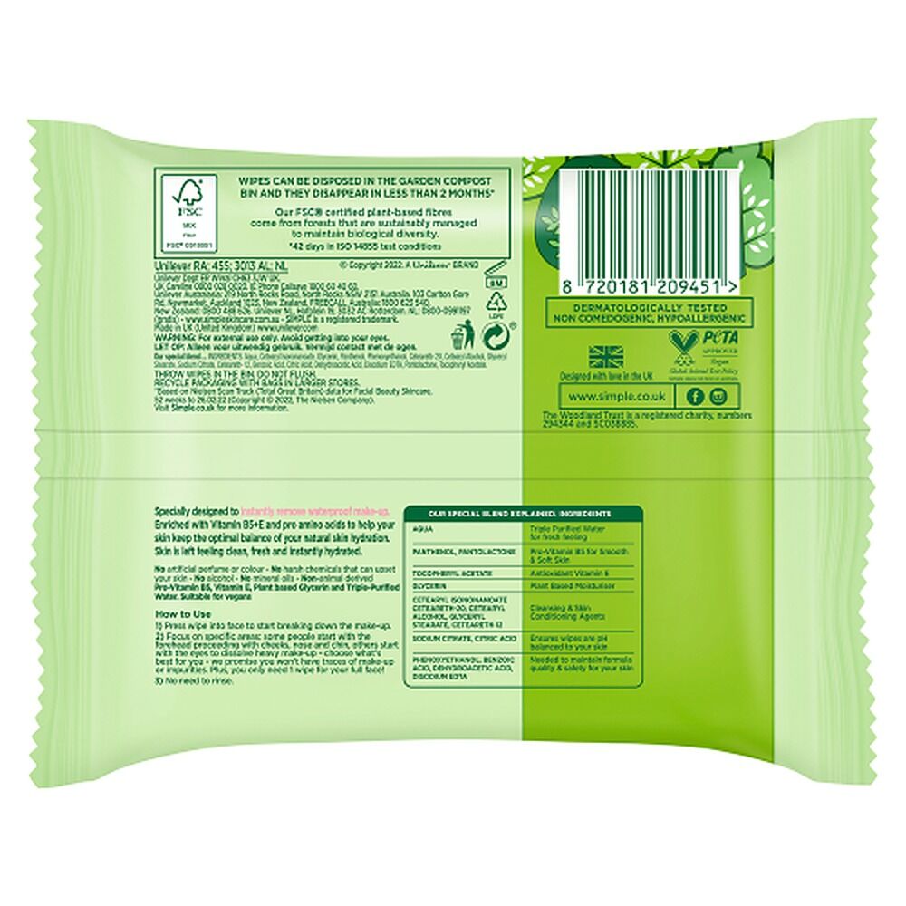 Simple Biodegradable Facial Wipes 2 x 25 Wipes