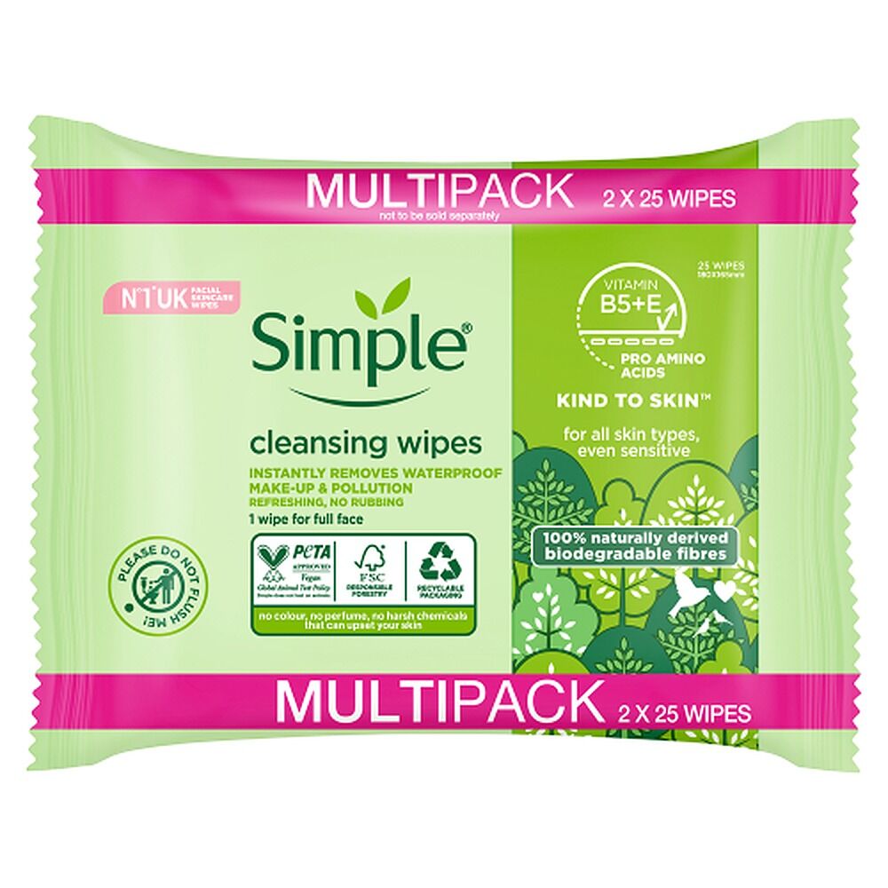 Simple Biodegradable Facial Wipes 2 x 25 Wipes