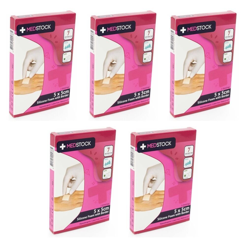Medstock Silicone Foam Dressing With Border 5cm x 5cm 2 Pack x 10 Bundle of 5