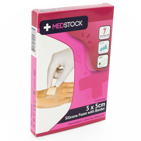 Medstock Silicone Foam Dressing With Border 5cm x 5cm 2 Pack x 10