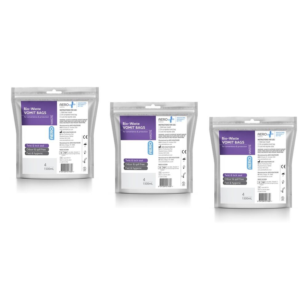 Aero Vomit Bag with Wipe 4 Pack x 6 Bundle of 3