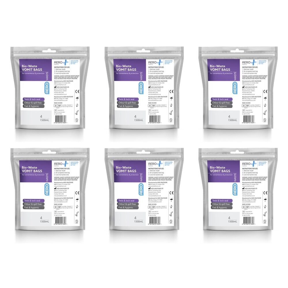 Aero Vomit Bag with Wipe 4 Pack x 6 Bundle of 6