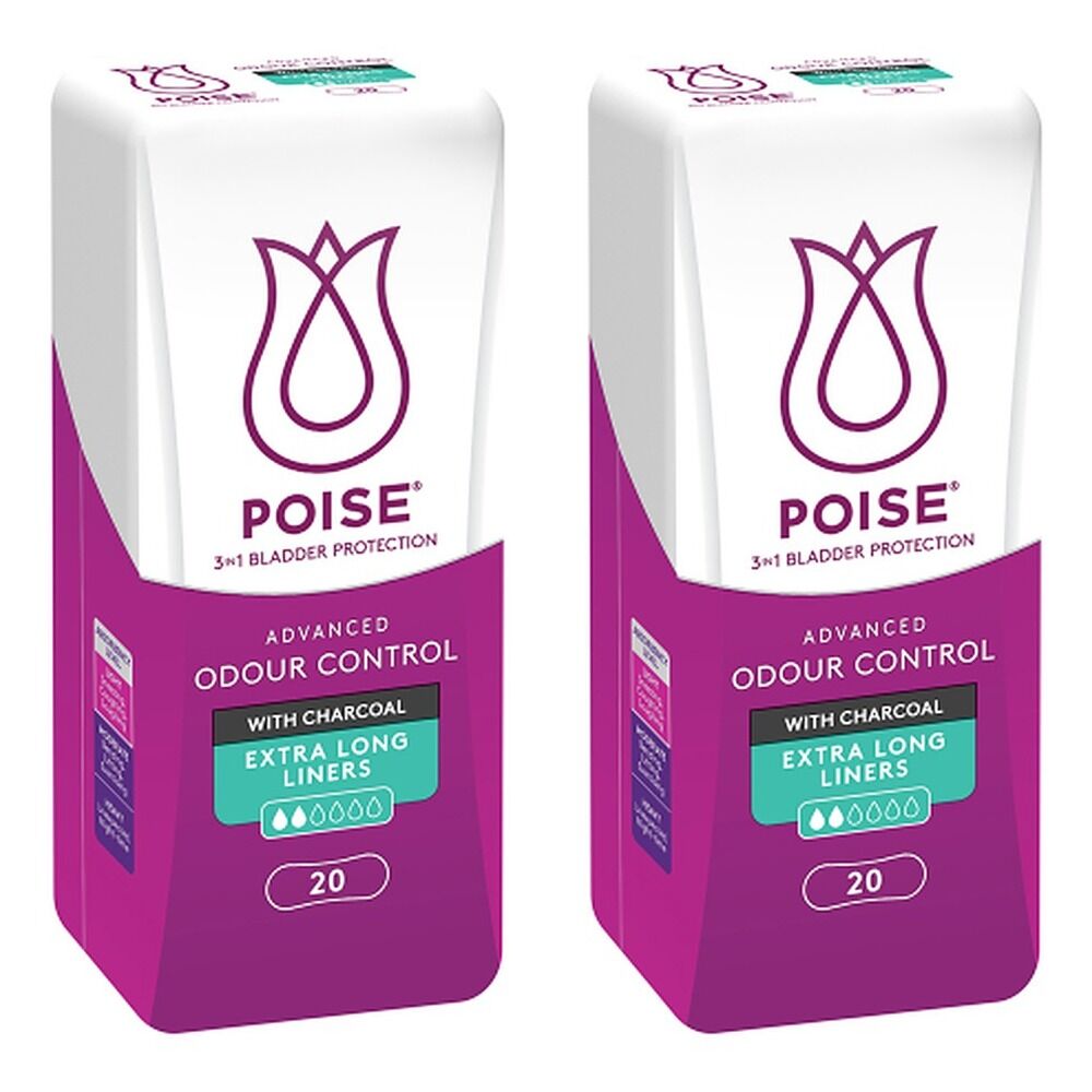 Poise Charcoal Extra Long Liners 20 Pack x 6 Bundle of 2