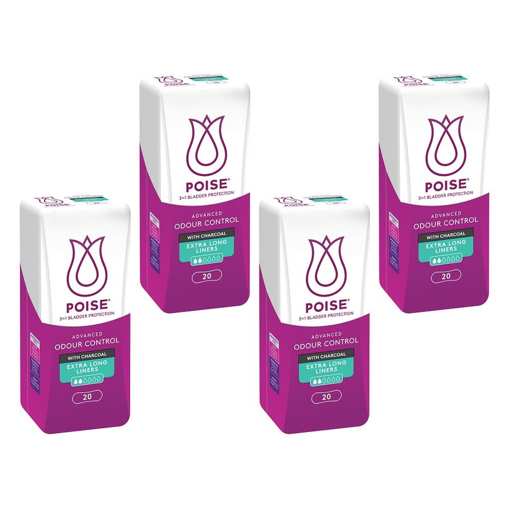 Poise Charcoal Extra Long Liners 20 Pack x 6 Bundle of 4