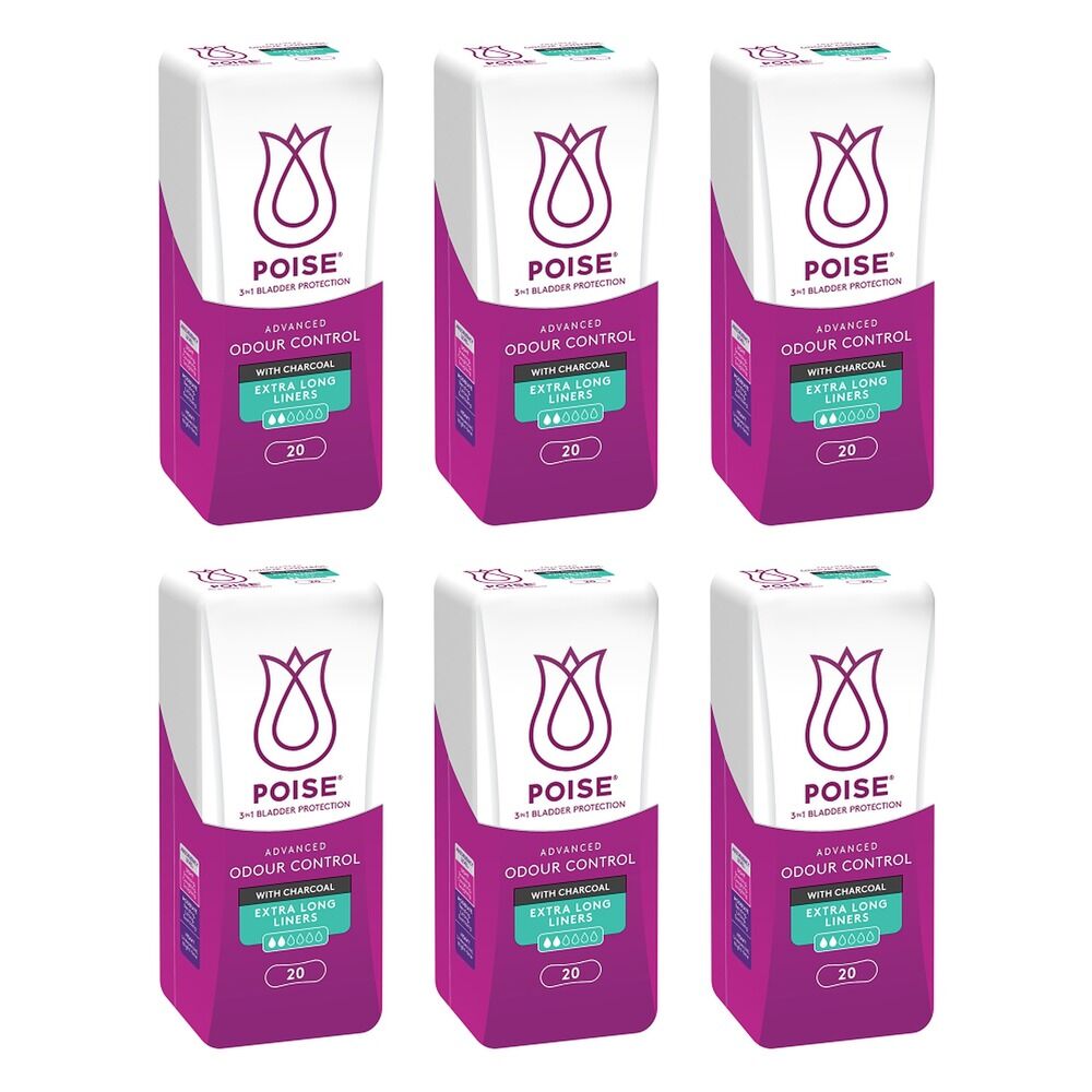 Poise Charcoal Extra Long Liners 20 Pack x 6 Bundle of 6