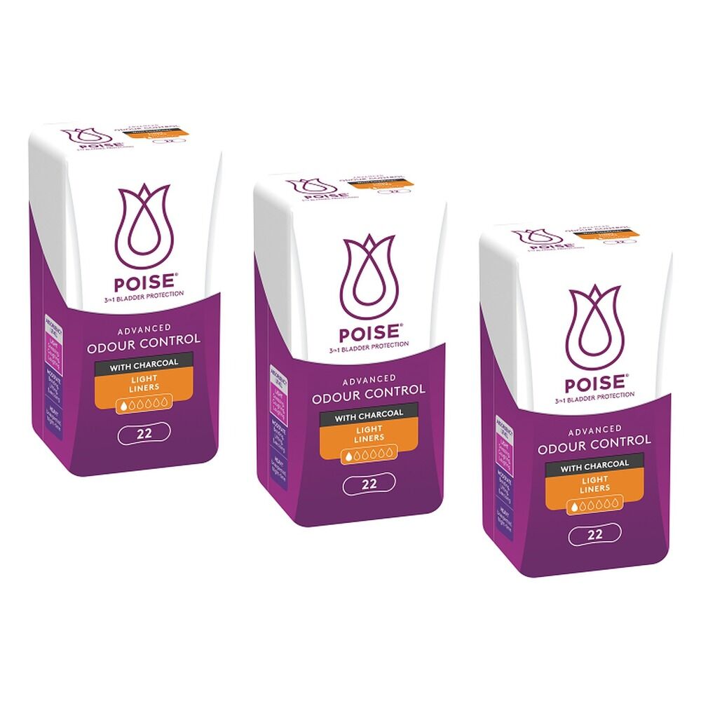 Poise Charcoal Light Liners 22 Pack x 6 Bundle of 3