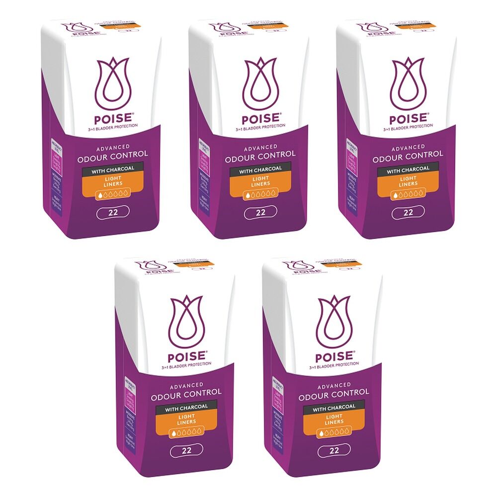 Poise Charcoal Light Liners 22 Pack x 6 Bundle of 5
