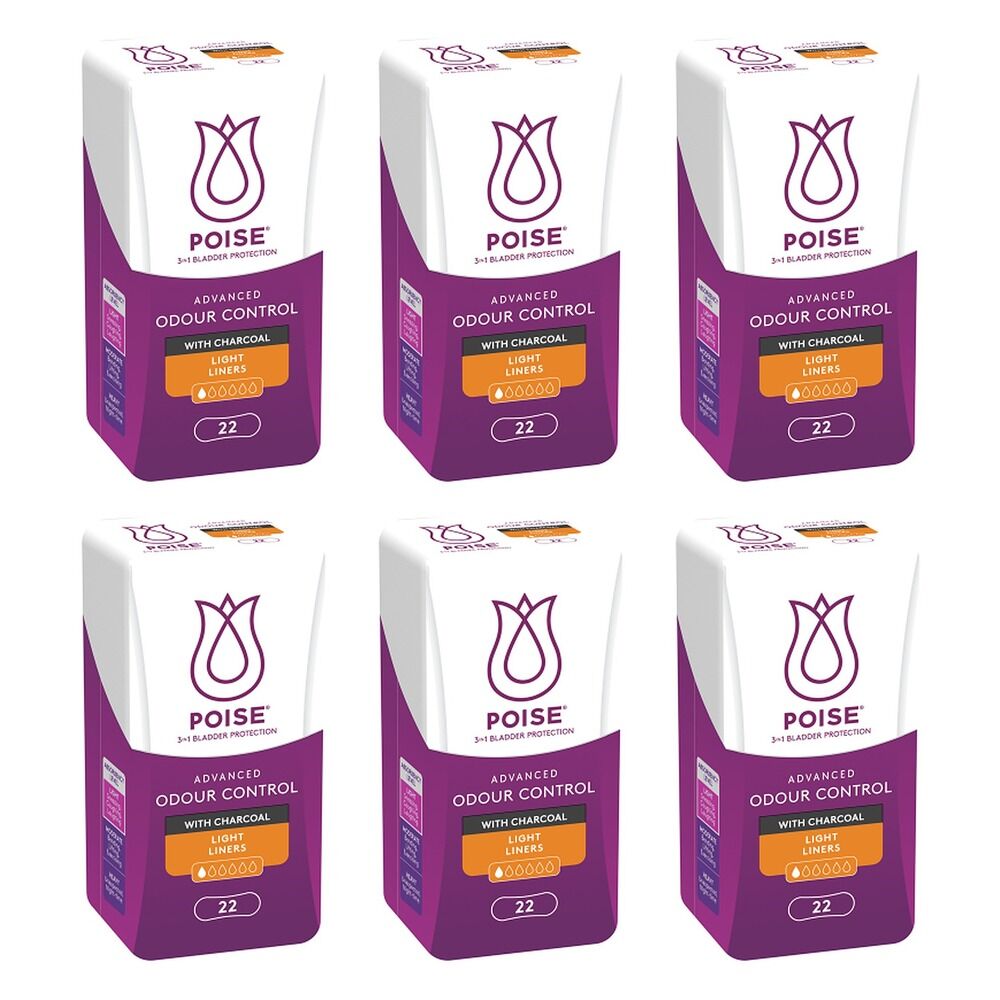 Poise Charcoal Light Liners 22 Pack x 6 Bundle of 6
