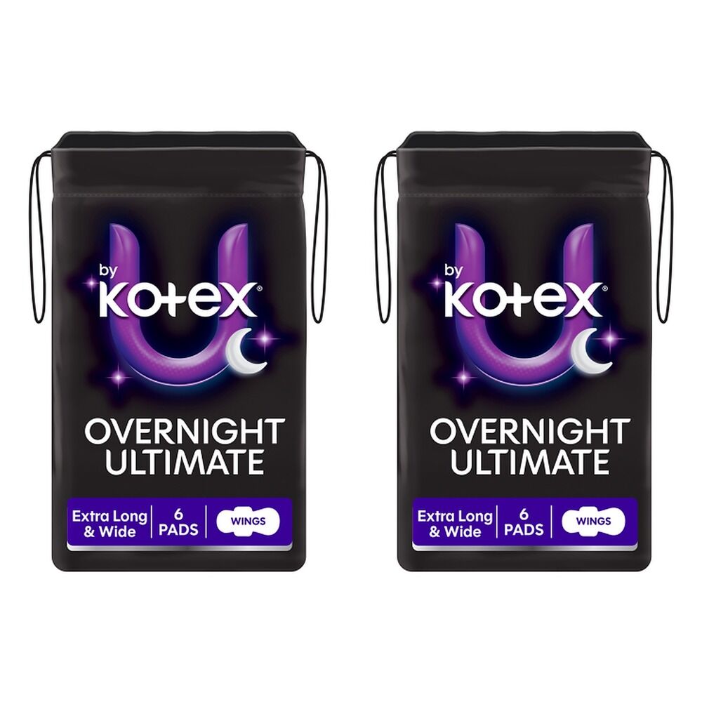 U By Kotex Overnight Extra Long Pads with Wings 6 Pack x 4 Bundle of 2