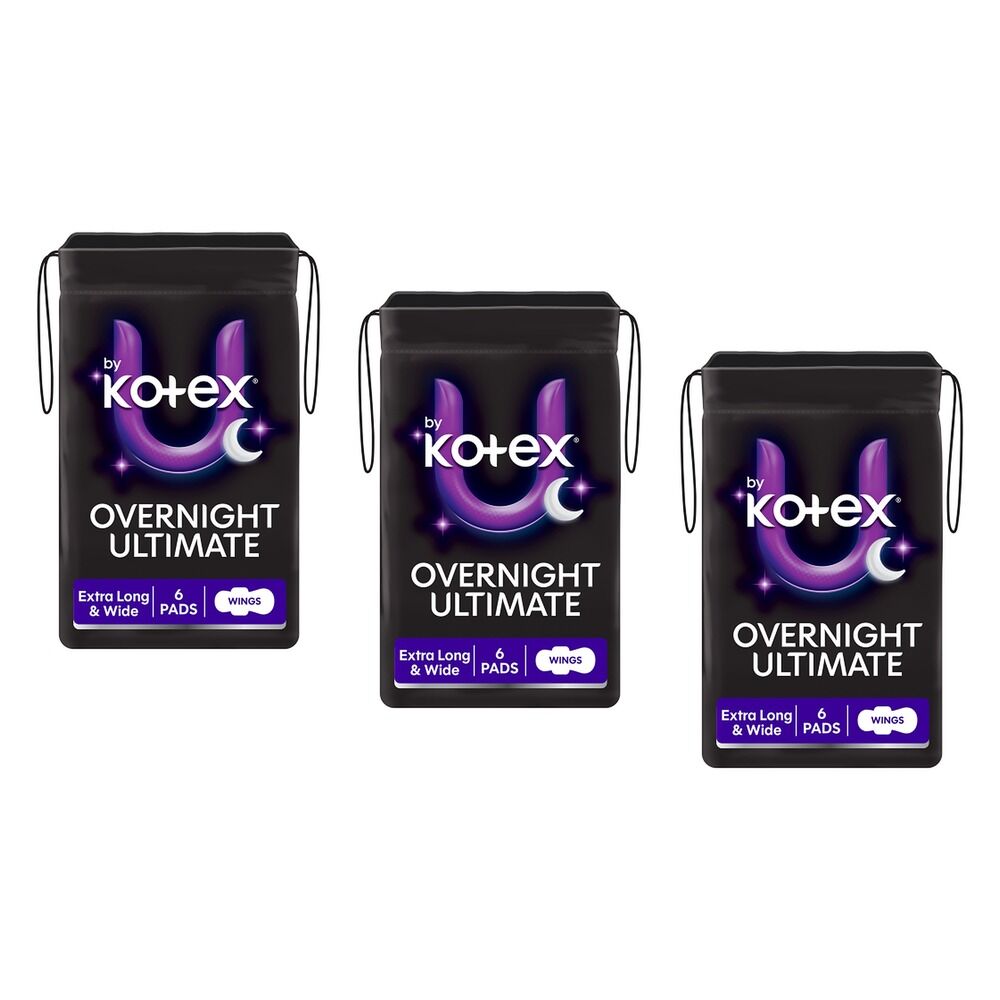 U By Kotex Overnight Extra Long Pads with Wings 6 Pack x 4 Bundle of 3