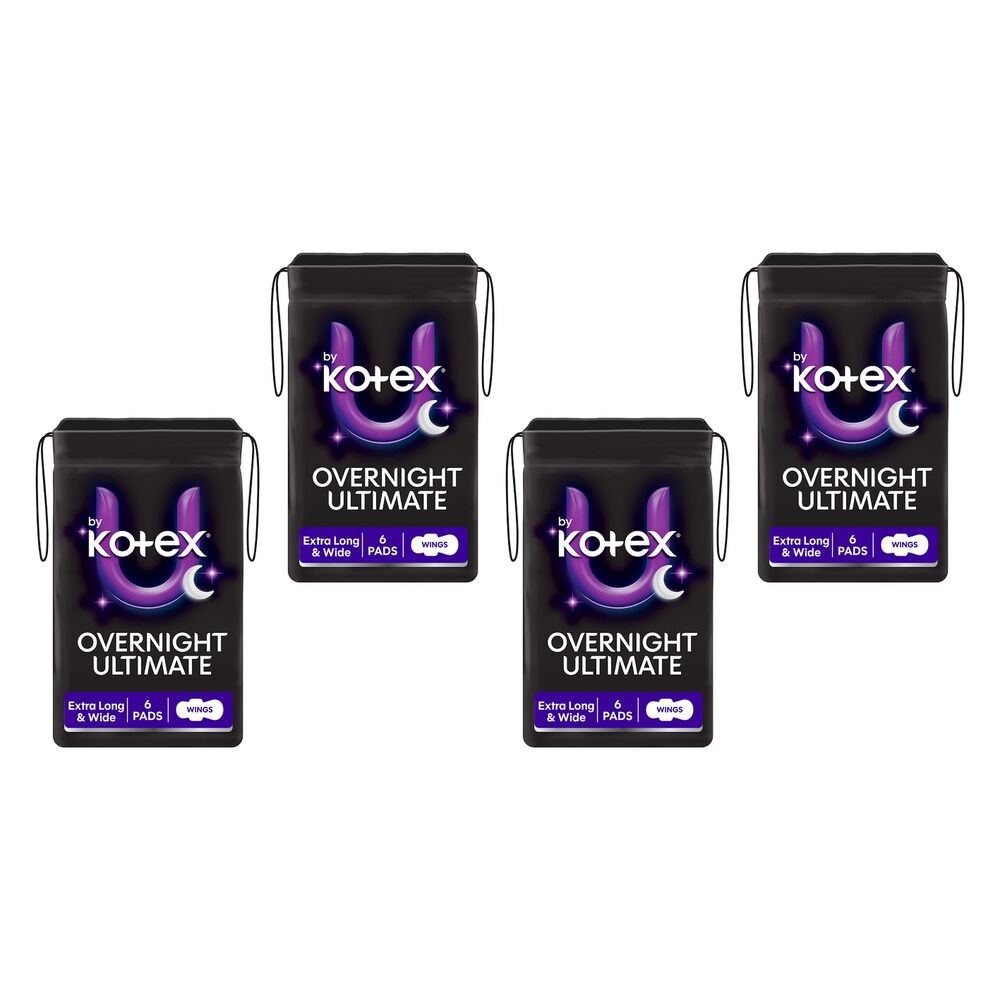 U By Kotex Overnight Extra Long Pads with Wings 6 Pack x 4 Bundle of 4